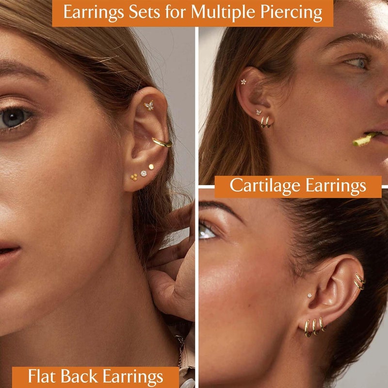 Jstyle Hypoallergenic 14K Gold Plated Flat Back Earrings for Women Men Surgical Stainless Steel Earrings for Sensitive Ears Small Stud Hoop Cartilage Earring Stack Set for Multiple Piercing Jewelry - Image 4